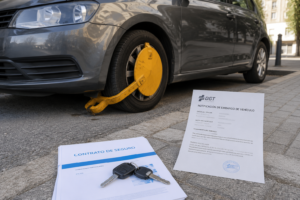 Coche con embargo de la DGT aparcado en la calle con documentos de deudas y póliza de seguro sobre el capó.