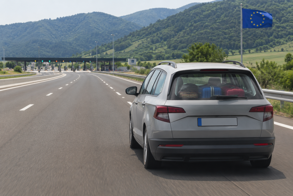 Coche familiar viajando por carretera hacia la frontera con el equipaje listo, representando las dudas sobre viajar al extranjero con un coche embargado.