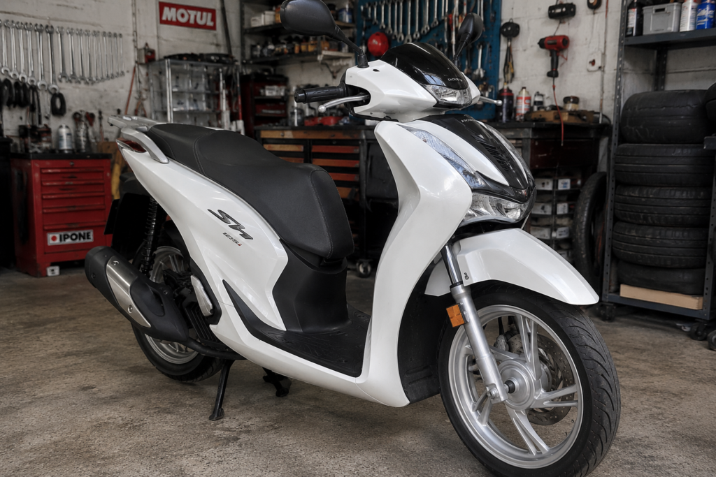 Scooter Honda SH125i blanca de 2022 en un garaje junto a herramientas de mecánica, representando la consulta legal sobre despiezar una moto con embargo municipal.