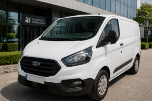 Furgoneta comercial Ford Transit de color blanco polar modelo 2021 junto a documentos de cese de empresa, ilustrando el embargo de vehículos por deudas con la Seguridad Social.