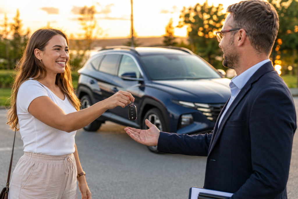 Entrega de llaves de un Hyundai Tucson azul sunset modelo 2022 entre un cliente y un comprador profesional, representando la venta rápida y legal de un coche embargado tras las vacaciones.