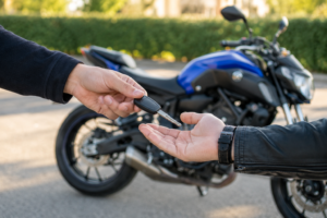 Entrega de llaves de una moto Yamaha MT-07 azul modelo 2022 entre dos personas al aire libre, representando la venta de una moto con embargo de tráfico por multas.