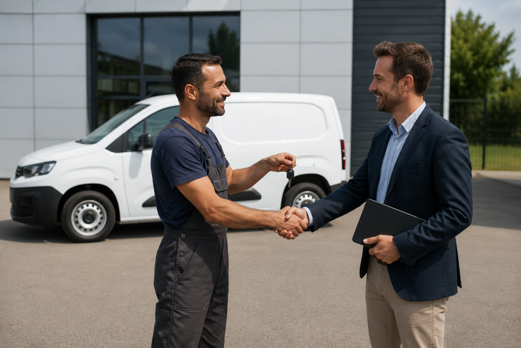 Apretón de manos y entrega de llaves de una furgoneta Peugeot Partner blanca de 2021 entre un autónomo y un tasador profesional, representando la venta legal de un vehículo comercial con deudas en el cese de actividad.