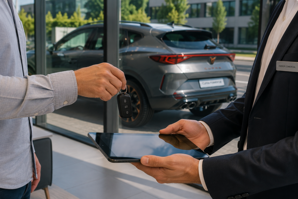 Cliente entregando las llaves de su coche antiguo a un asesor en un concesionario con un CUPRA Formentor gris graphene de 2023 al fondo, mostrando la transición de vender un coche embargado para acceder a un renting.