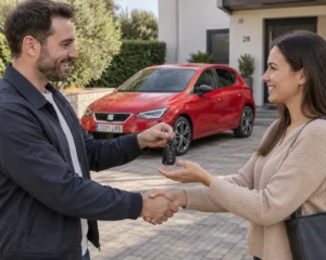 Apretón de manos y entrega de llaves de un Seat Ibiza rojo de 2021 entre dos personas, simbolizando la venta directa de un coche financiado para obtener liquidez.