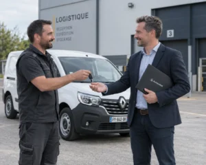 Entrega de llaves de una furgoneta Renault Kangoo blanca de 2022 entre un autónomo y un especialista, ilustrando la venta de una furgoneta comercial con deudas a la Seguridad Social.