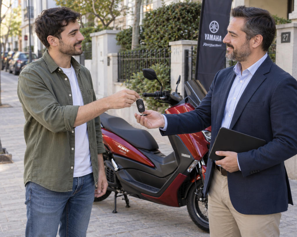 Entrega de llaves de una Yamaha NMAX 125 roja de 2023 entre el propietario y un tasador, representando la venta directa y legal de una moto con cargas administrativas.